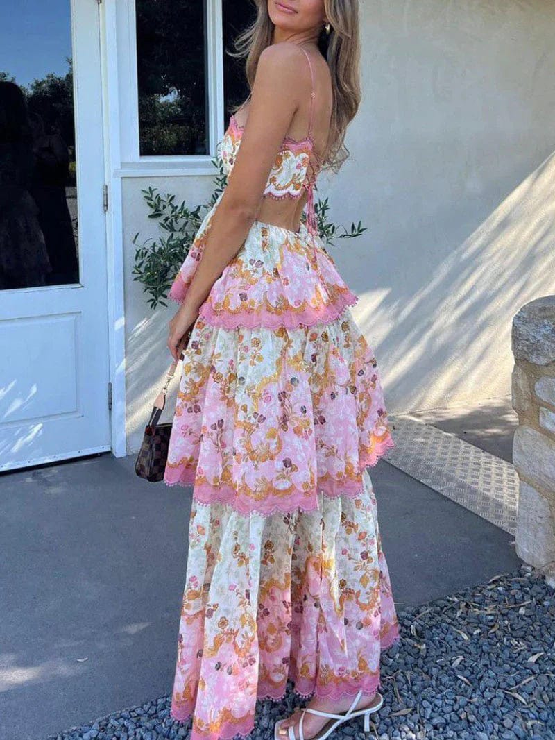 Patterned maxi dress with ruffled skirt and thin shoulder straps