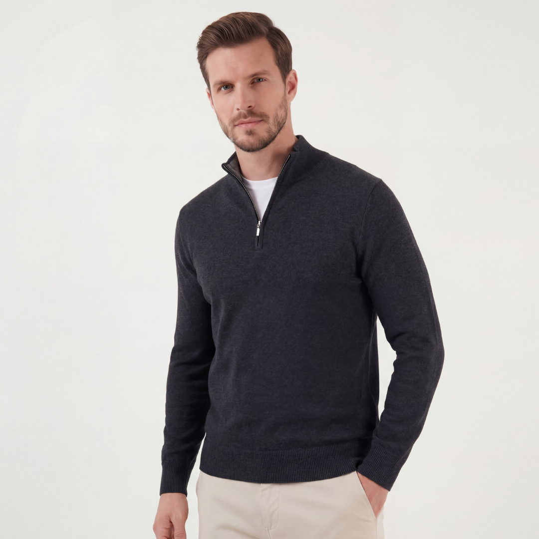Men's gray half-zip sweater front view