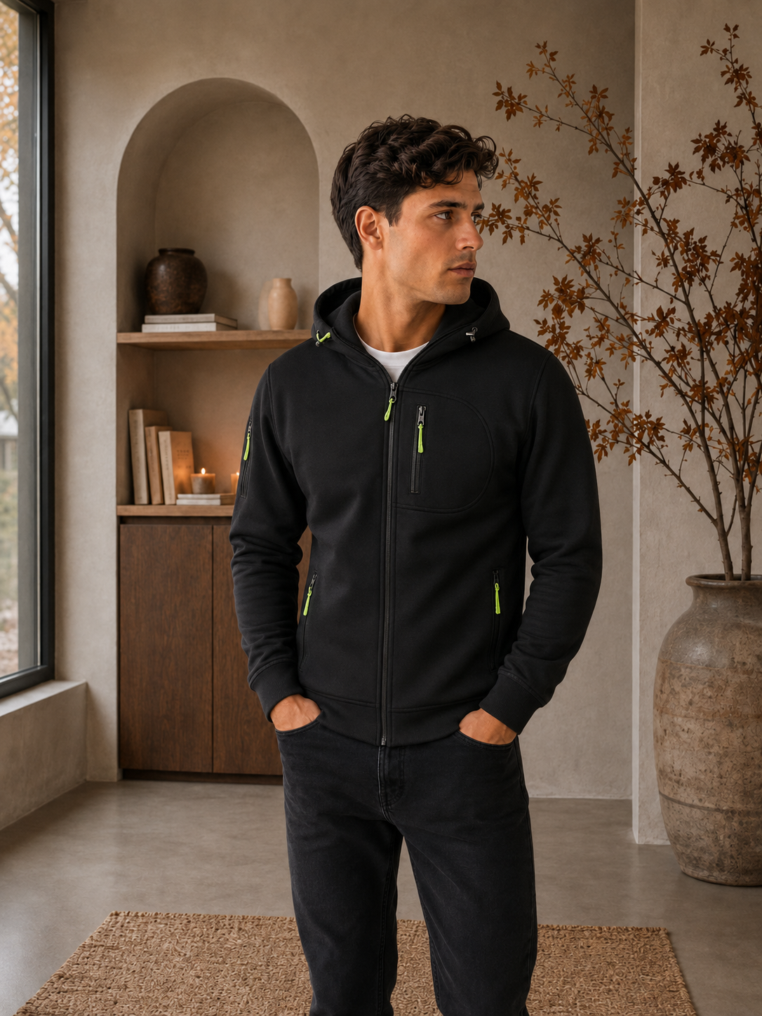 Men's black zip-up hoodie with hood and front pockets