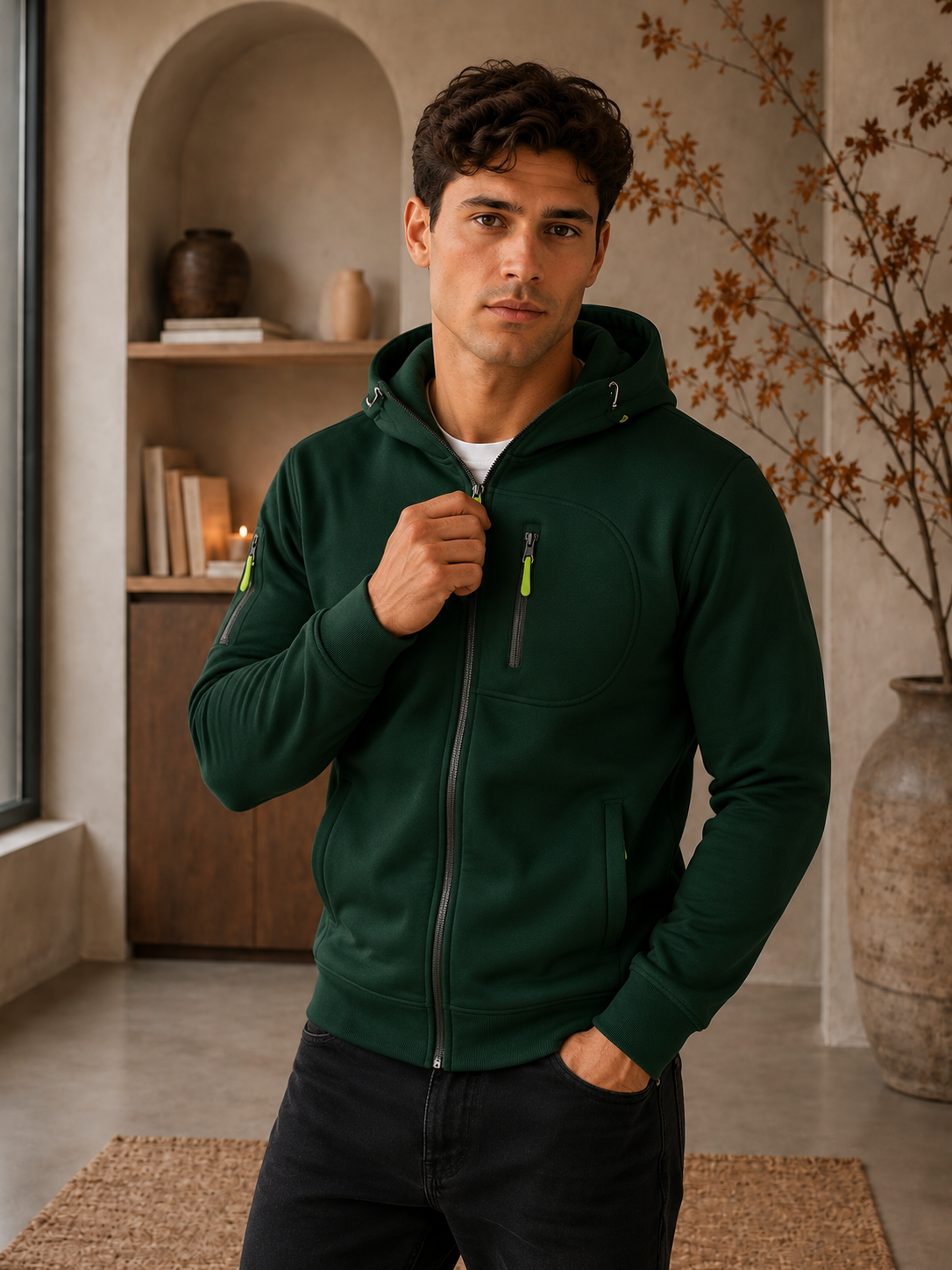 Men's green zip-up hoodie with hood and front pockets