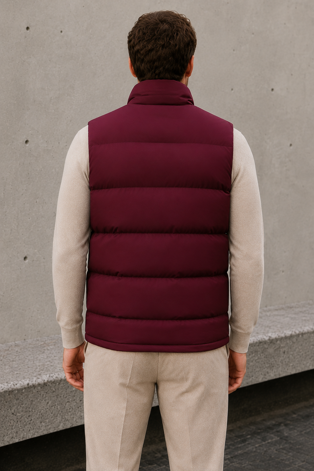 Men's burgundy padded sleeveless bodywarmer with full zip closure