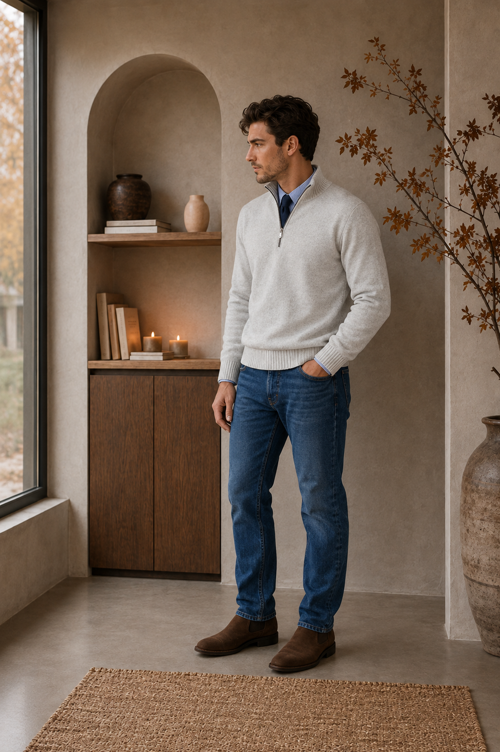 Men's white half-zip sweater regular fit