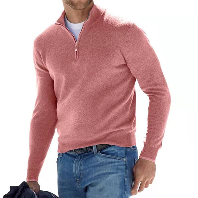 Men's half-zip sweater in wool blend, on-model front view with relaxed posture and visible zip pull