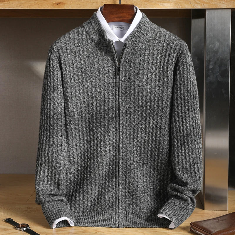 Men's regular-fit knit sweater with stand-up collar and full-length zipper