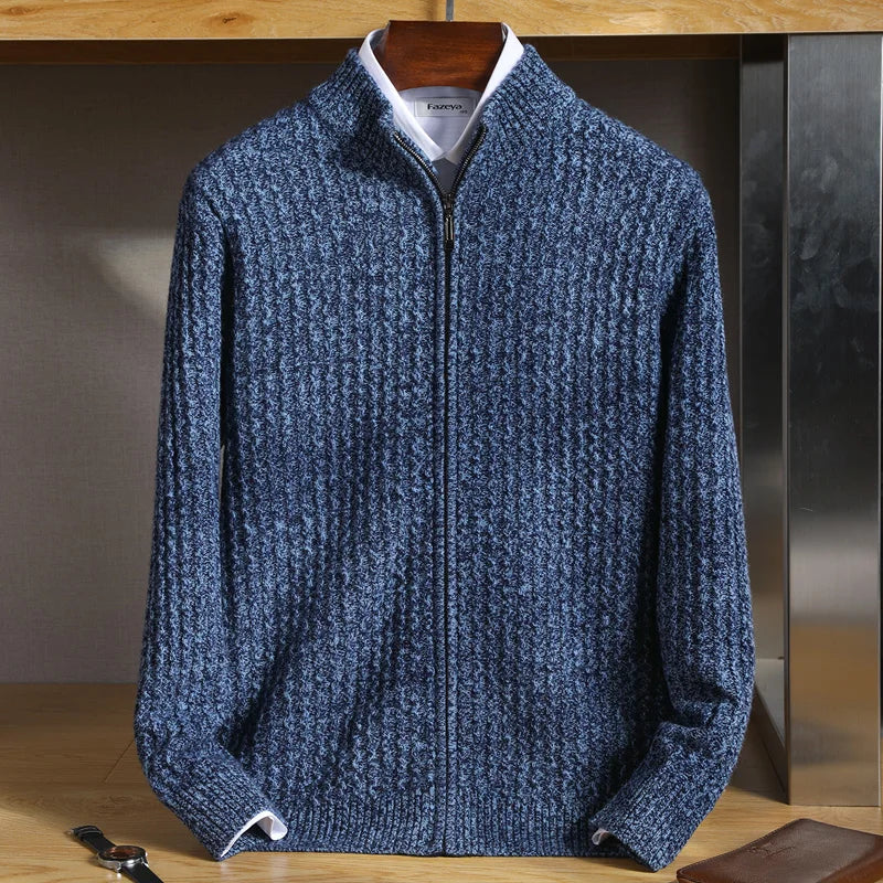 Men's long-sleeve textured knit sweater with zipper and ribbed collar finish
