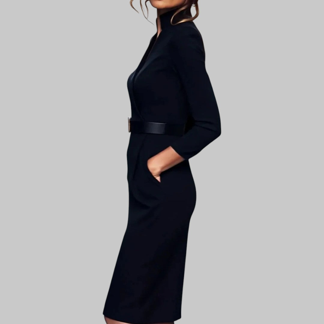 Women's form-fitting midi dress with buckle belt and hidden back zipper