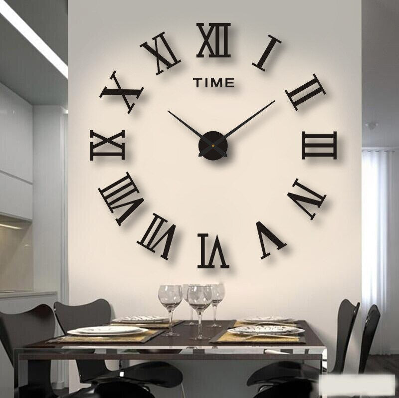 Minimalist wall clock with self-adhesive 3D numbers shown in a home office environment