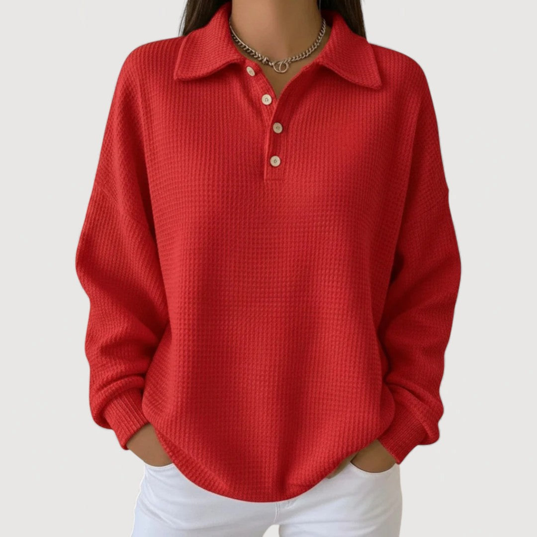 Waffle-knit women's sweater with button collar and long sleeves
