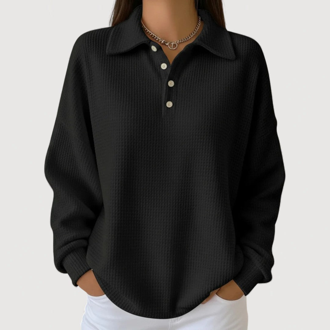 Women's textured waffle-knit sweater with button-closure collar