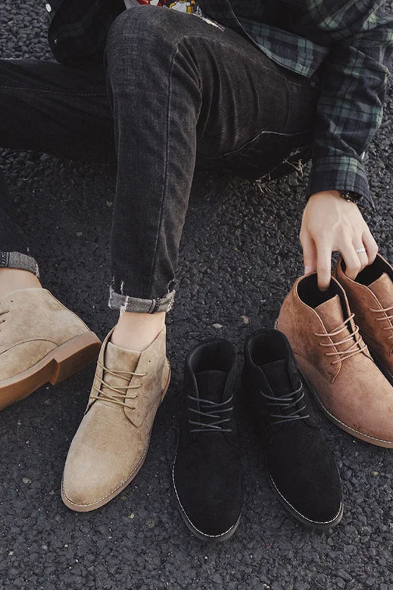 Men's suede desert boots — lateral side profile highlighting soft suede texture and clean lines