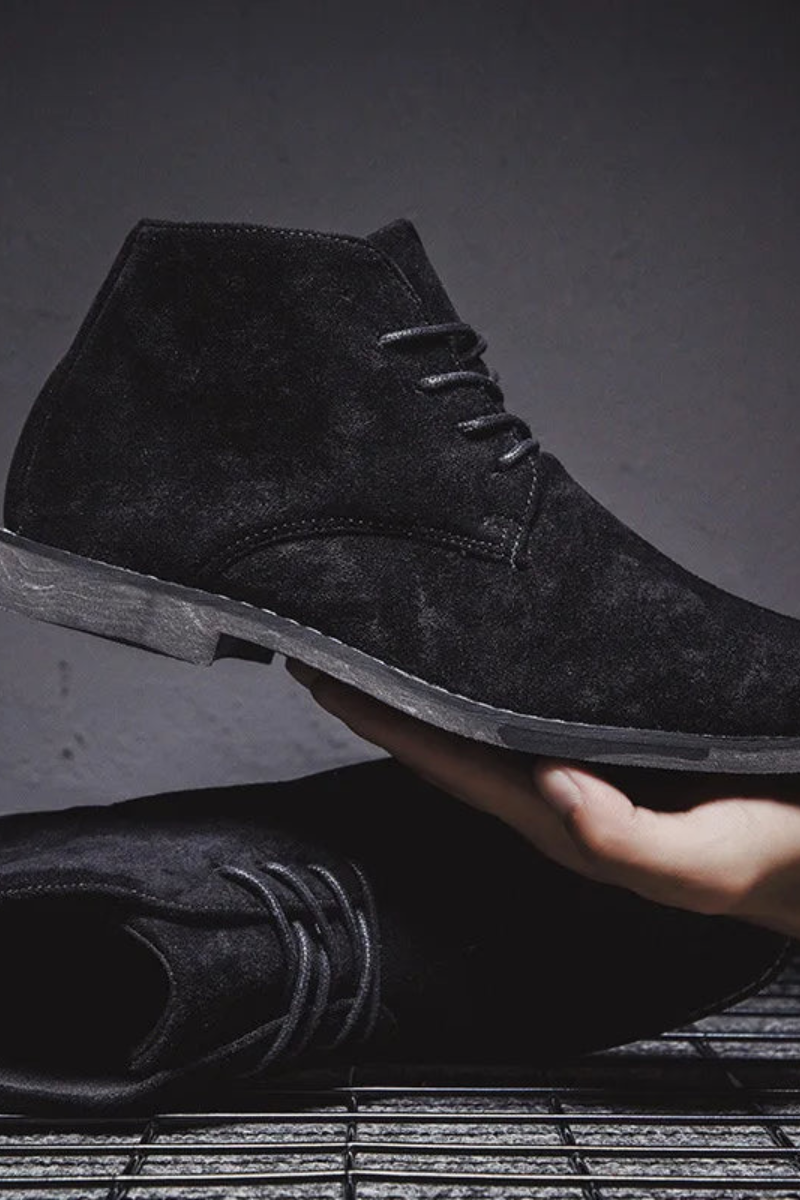 Men's suede desert boots — rear view showing heel construction and ankle height