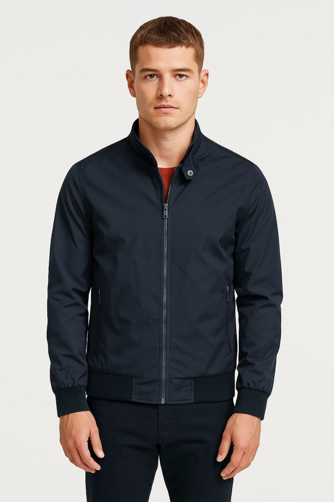 Men's overshirt jacket with stand-up snap-button collar, front zipper, adjustable cuffs, and side zip pockets