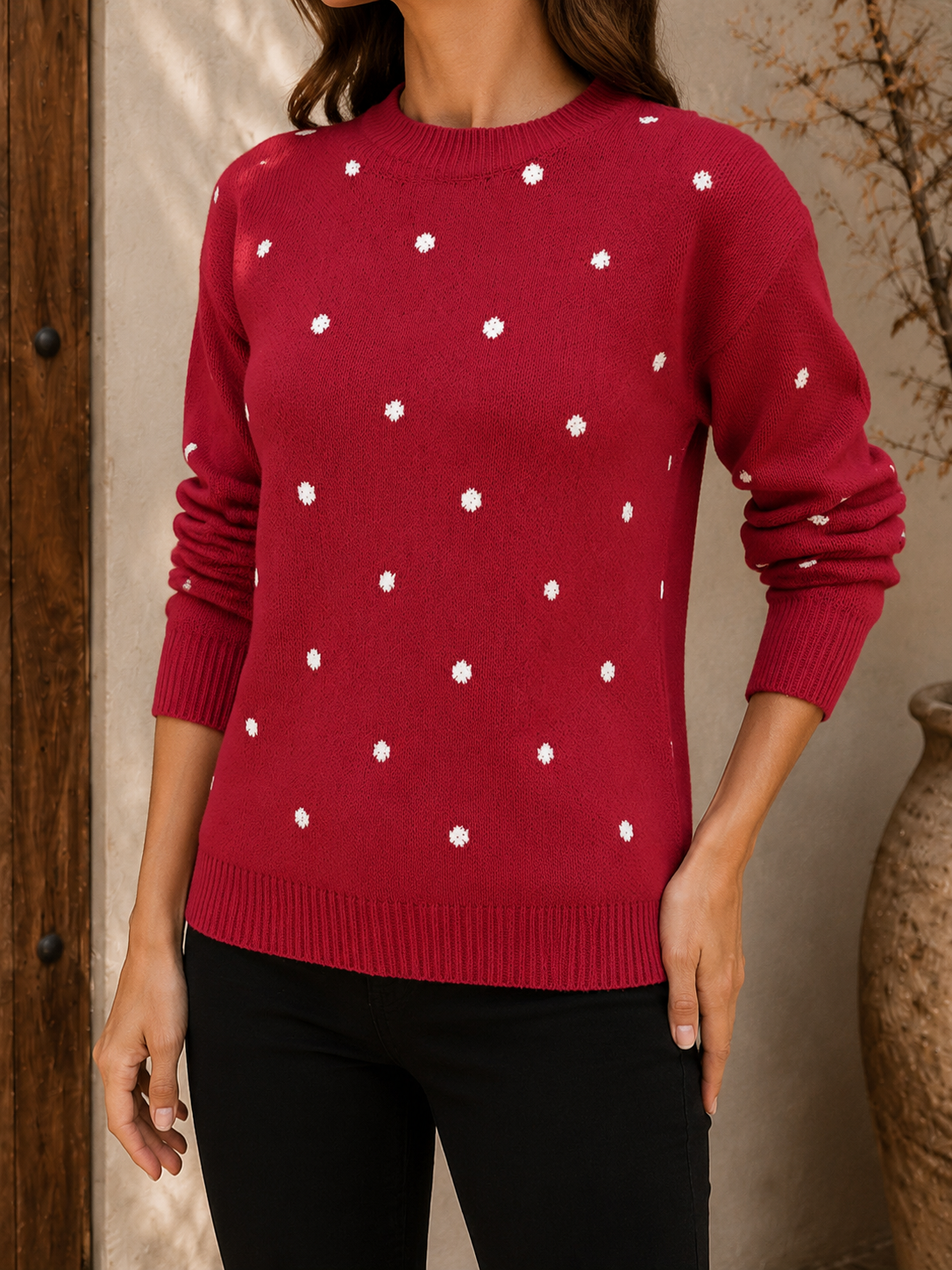 Red patterned knit sweater women front view