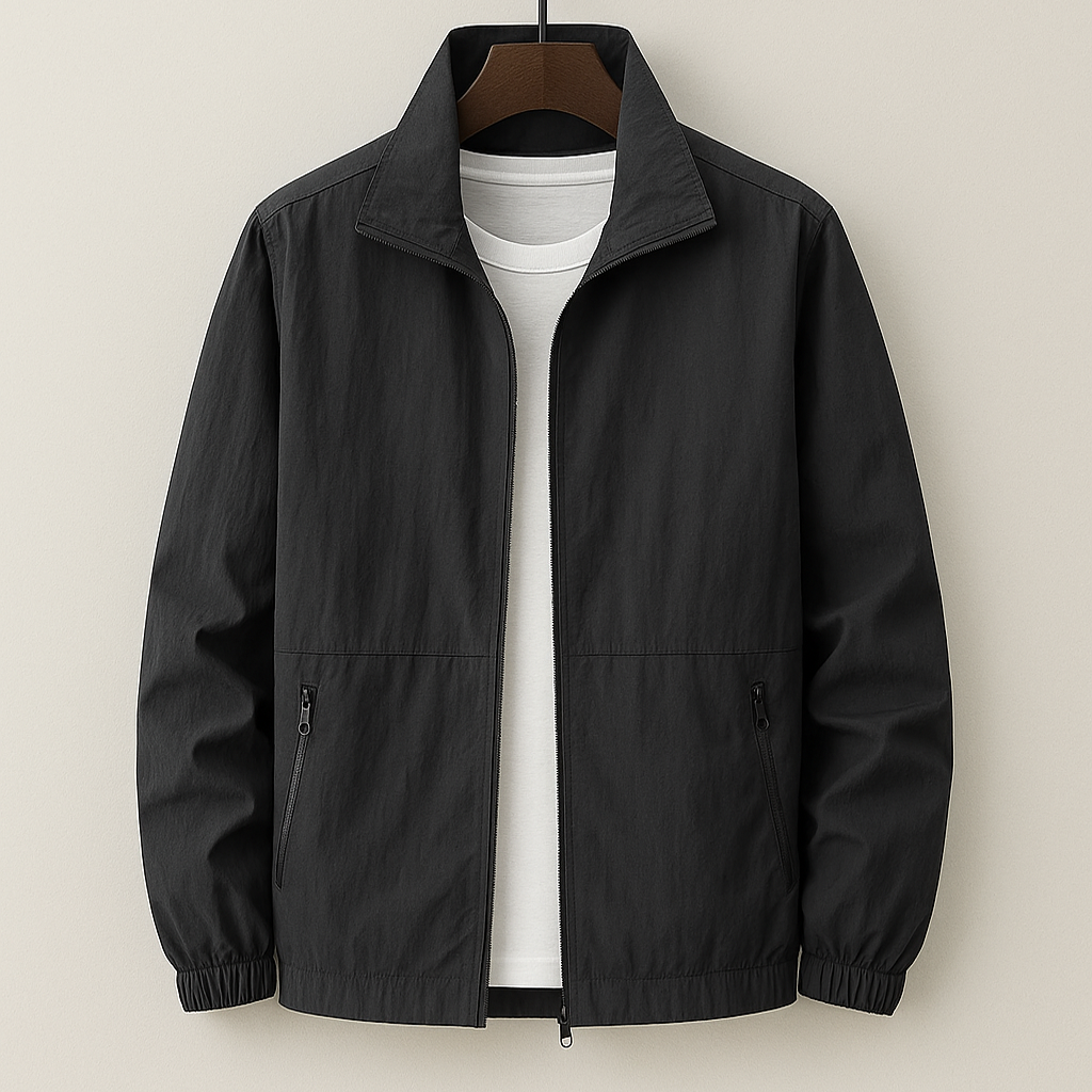 Men's lightweight zip-up jacket with stand-up collar, elastic cuffs, and side zip pockets