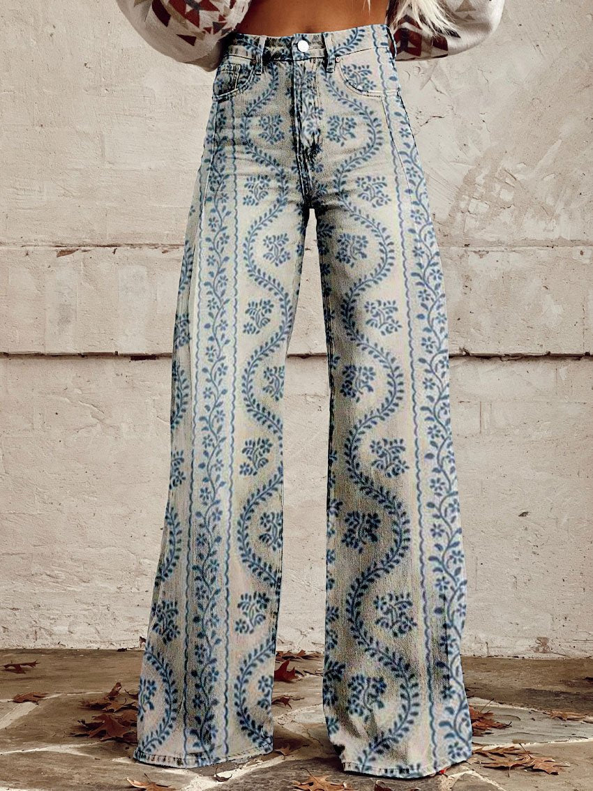 Women's wide-leg jeans with geometric patterned print and high waist
