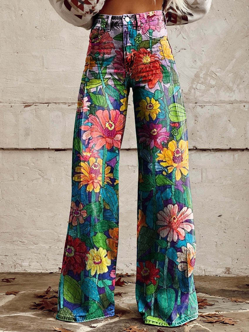 Women's wide-leg jeans with a daisy floral print and high waist