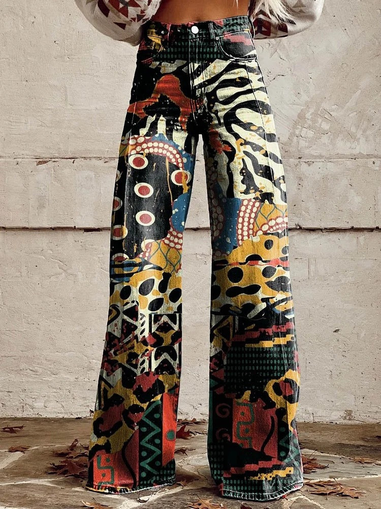 Patterned wide-leg jeans for women with an abstract graphic print