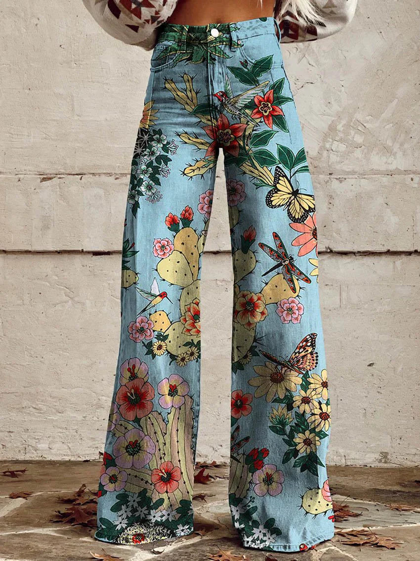 Wide-leg jeans for women with a sky-inspired patterned print