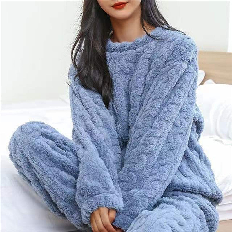 Women's soft lounge set with long-sleeved round-neck top and matching elastic-waist trousers