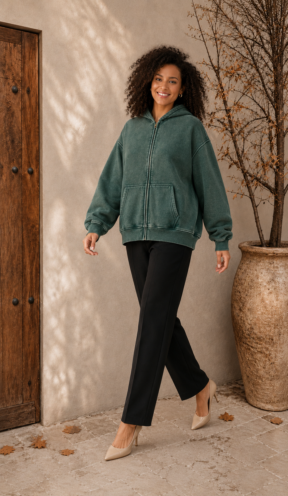 Nora oversized green zip up hoodie for women