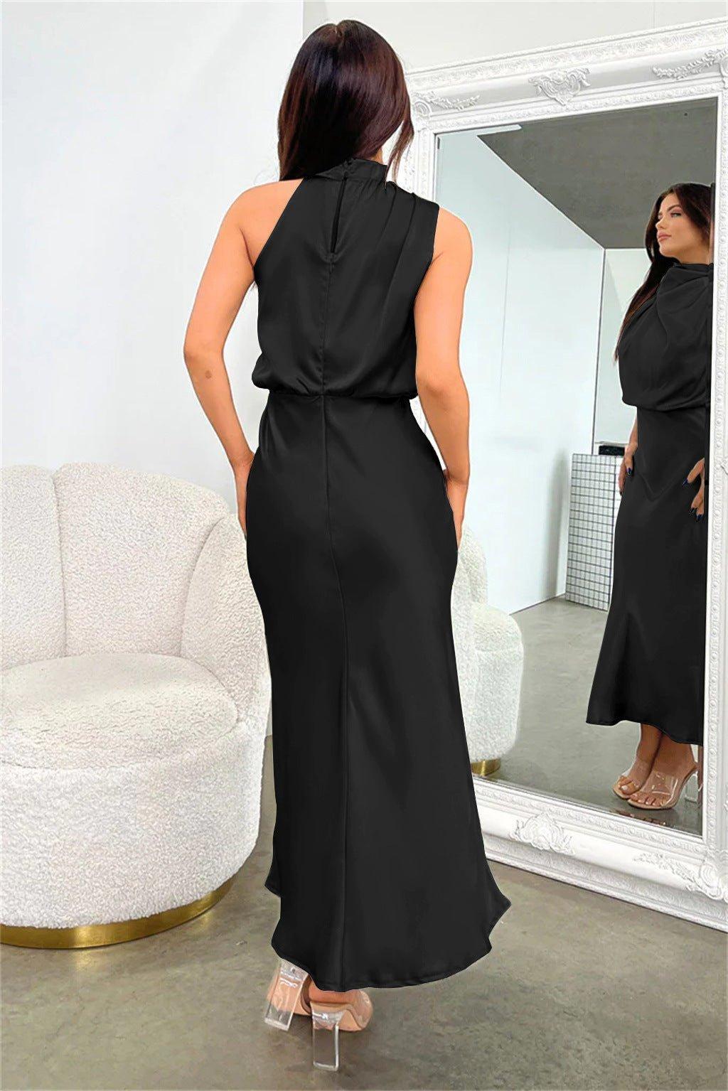 Satin halterneck midi dress for women with a sleeveless cut and softly draped finish