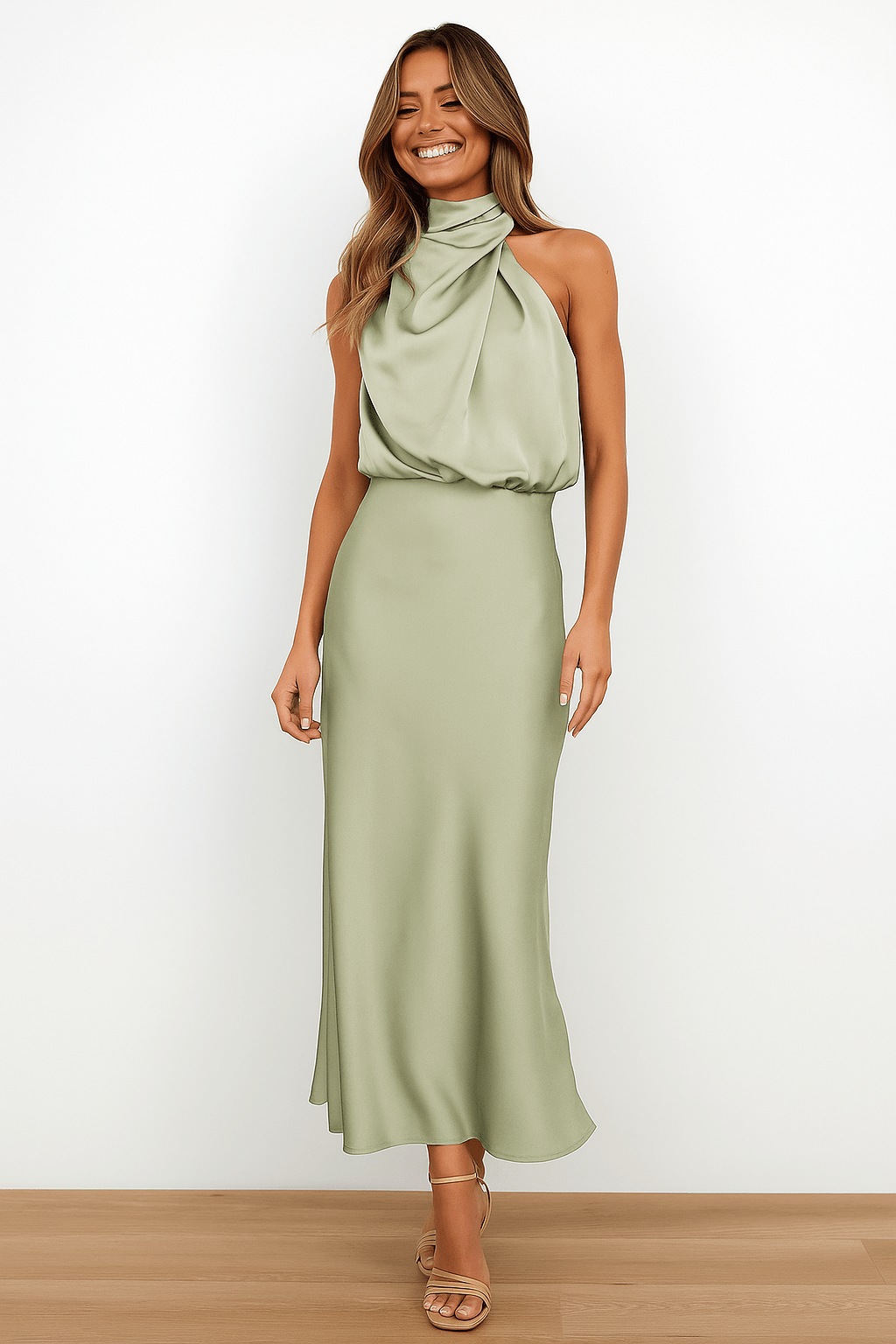 Women's sleeveless satin midi dress with a halterneck neckline and flowing silhouette