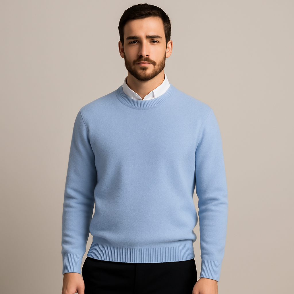 Men's knitted round neck sweater in a straight fit, front view