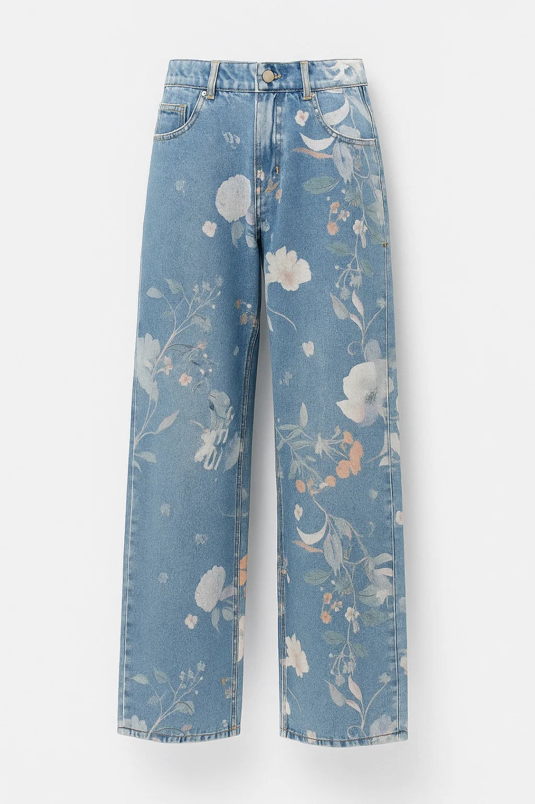 Floral pattern straight-leg jeans for women with five-pocket construction and full-length cut