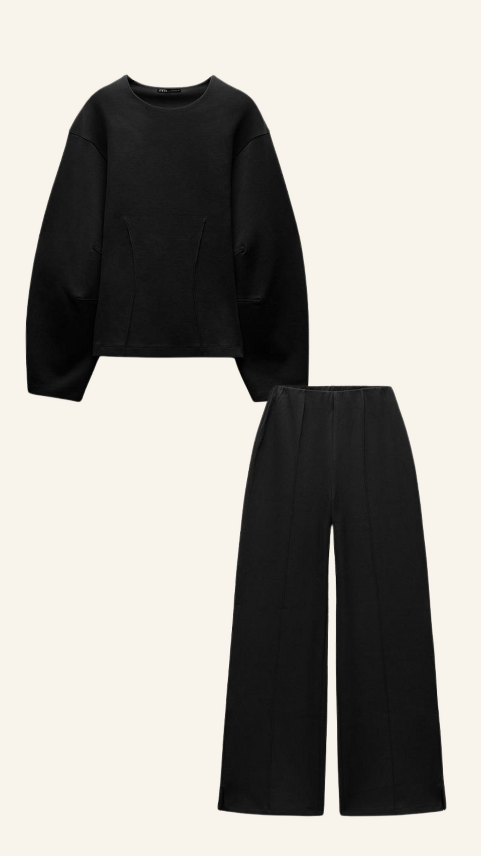 Women's matching woven top and straight-leg trouser set with round neckline, front-facing view