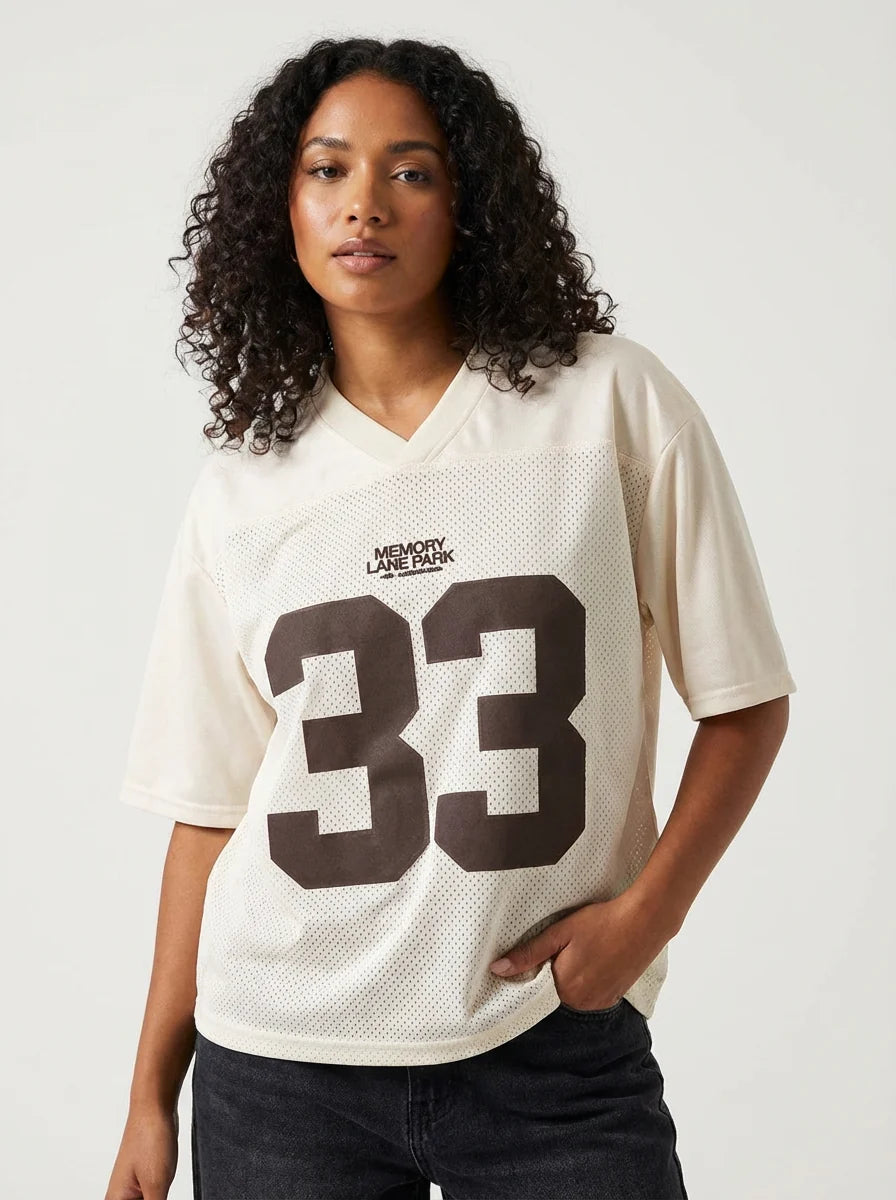 White oversized jersey number T-shirt women front view