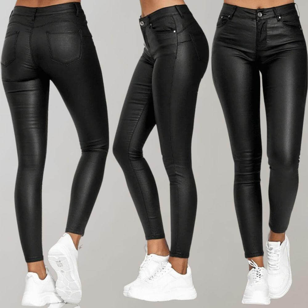 Slim-leg coated trousers for women in full-length style, side or detail view