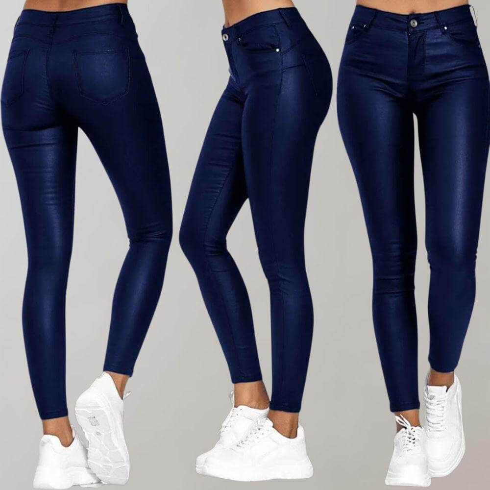 Coated slim-fit trousers for women with smooth finish, alternate angle view