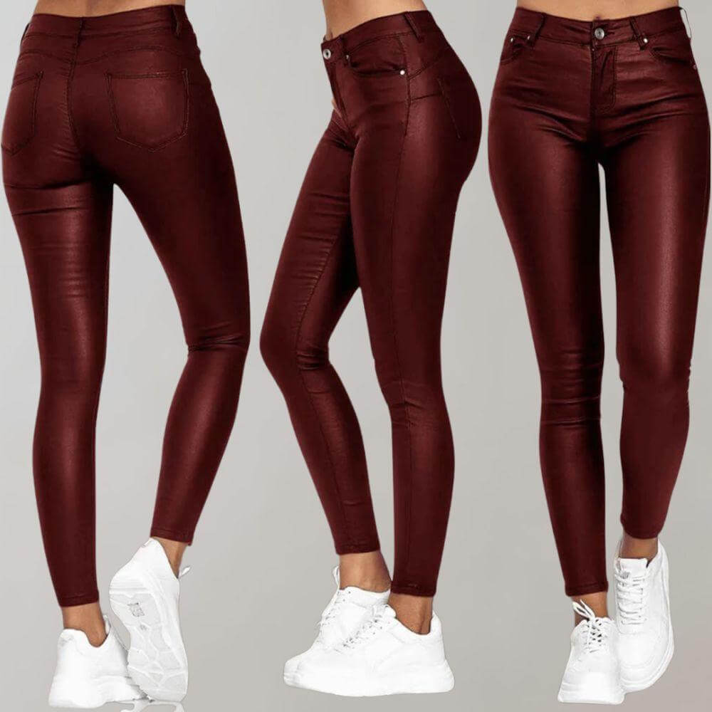 Full-length coated synthetic trousers for women, styled view showing fit and length