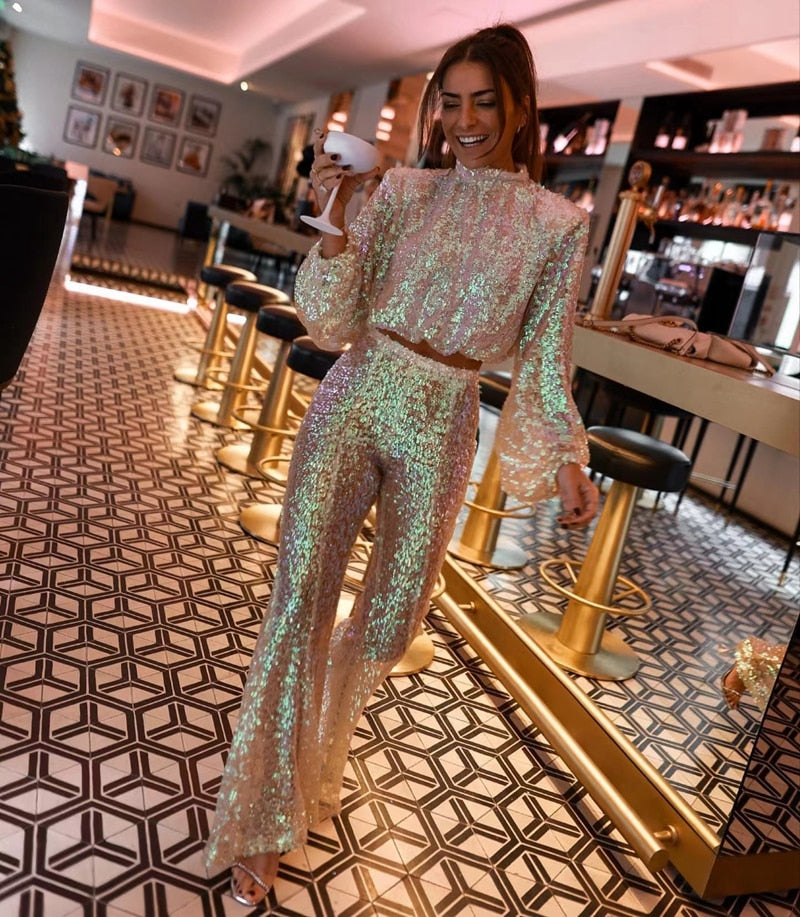 Women's two-piece sequin set with long-sleeve cropped top and high-waisted full-length pants