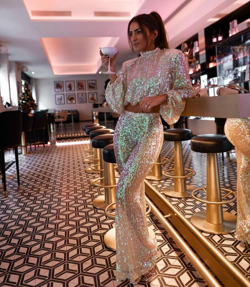 Sequin two-piece set for women featuring a fitted cropped top and matching wide-leg pants