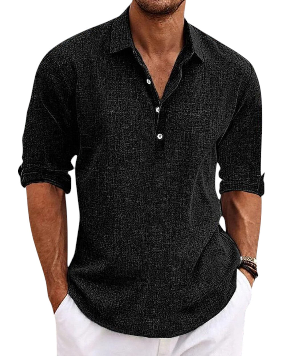 Men's button-placket shirt in textured fabric with classic collar, adjustable cuffs, and hip-length rounded hem