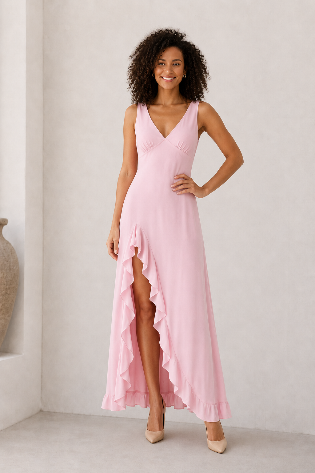 Deep V neck maxi dress with high side slit
