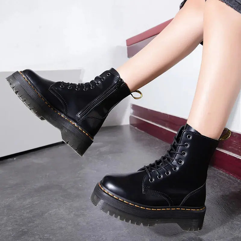 Faux leather lace-up boots for women with chunky sole and front lacing detail