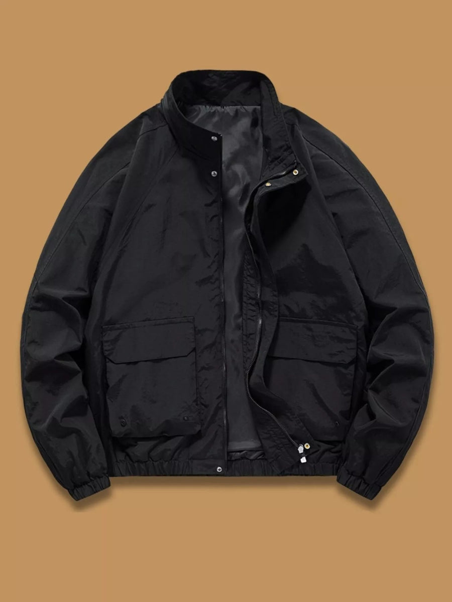 Men's long-sleeve jacket with snap button closure and stand-up collar