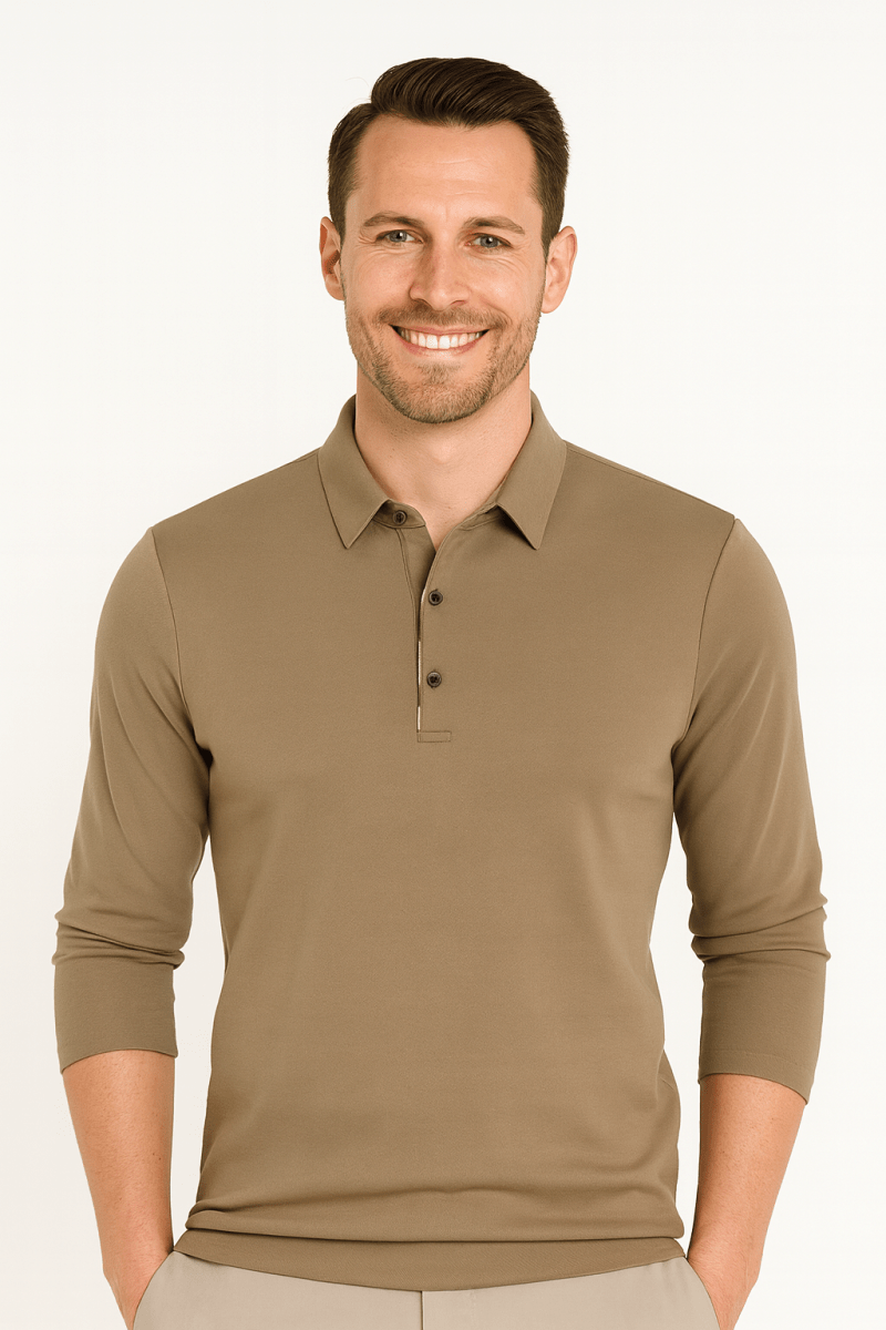 Men's minimalist stretch polo shirt with structured collar and long sleeves