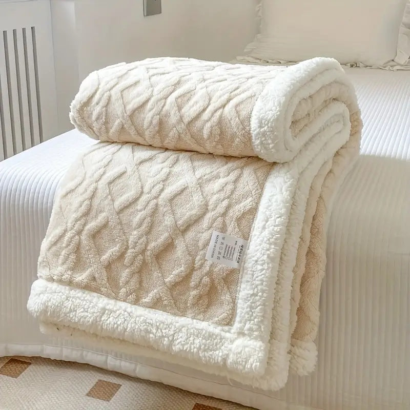Person wrapped in a soft plush blanket with sherpa, styled for an autumn evening at home