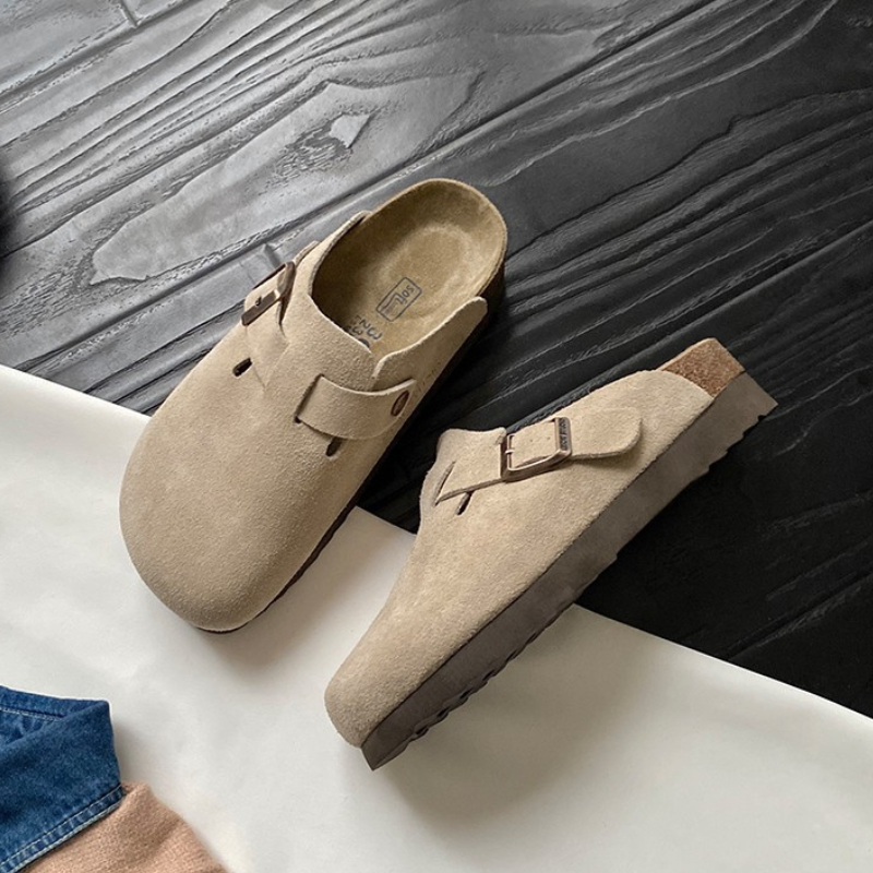 Slip-on suede slippers with metal buckle detail and contoured footbed for men