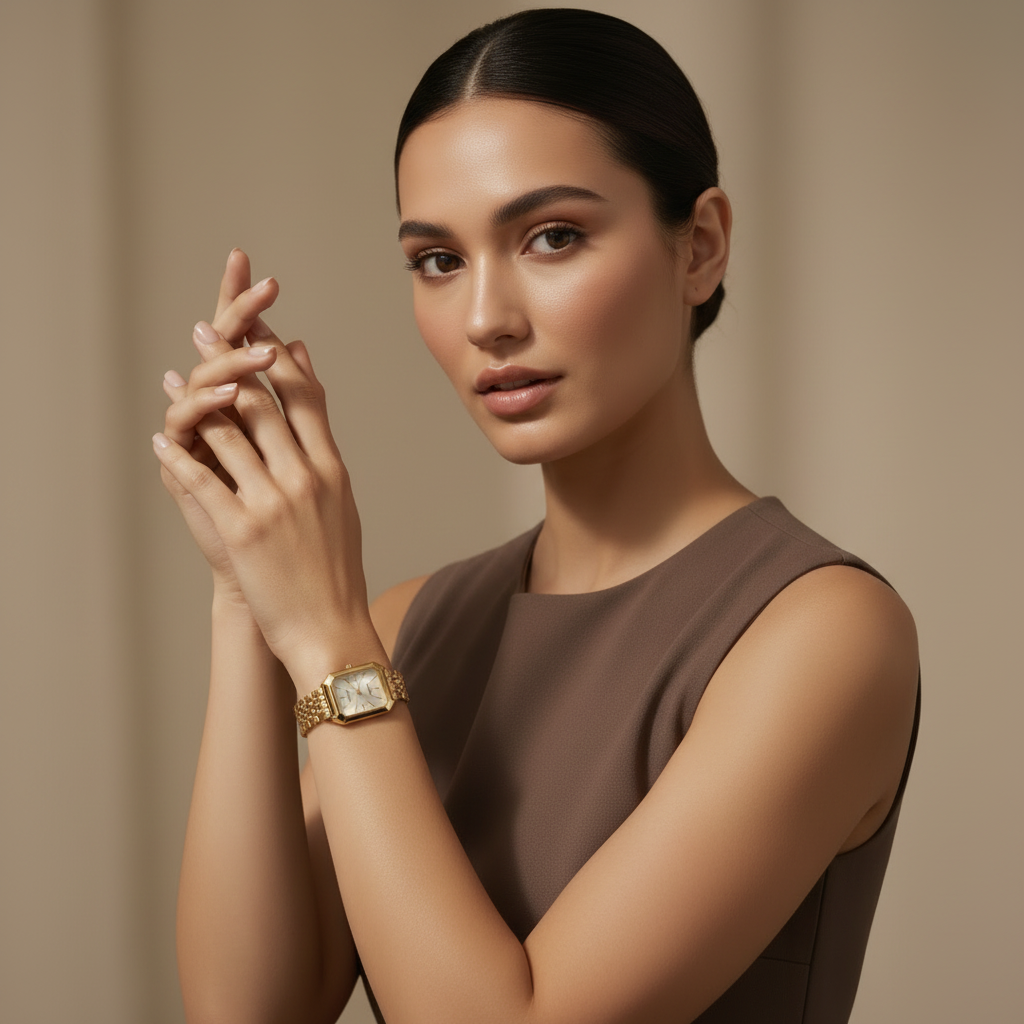 Rectangular quartz watch with metal link bracelet