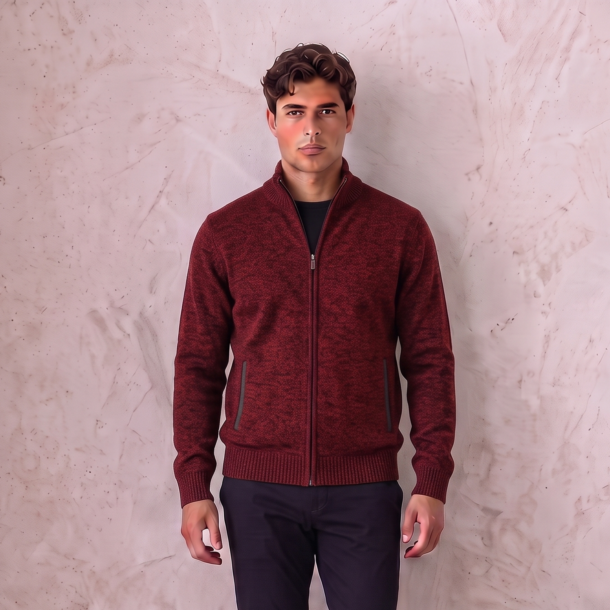 Wool-blend zip jacket for men with knit construction and full-length zipper