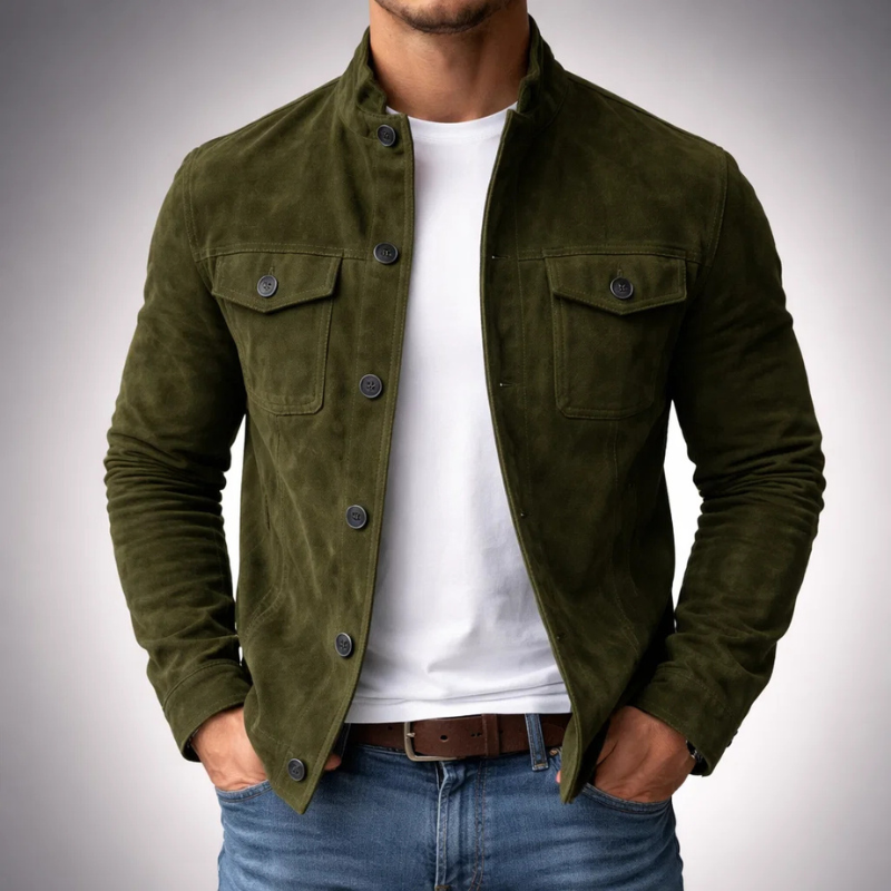 Men's suede jacket with button closure, stand-up collar, and chest flap pockets