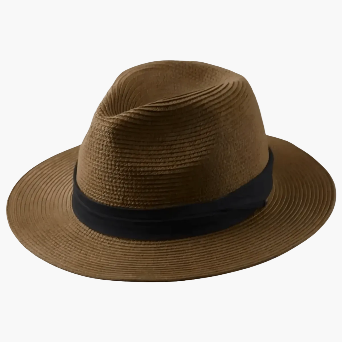 Pinched crown detail on Panama-style hat