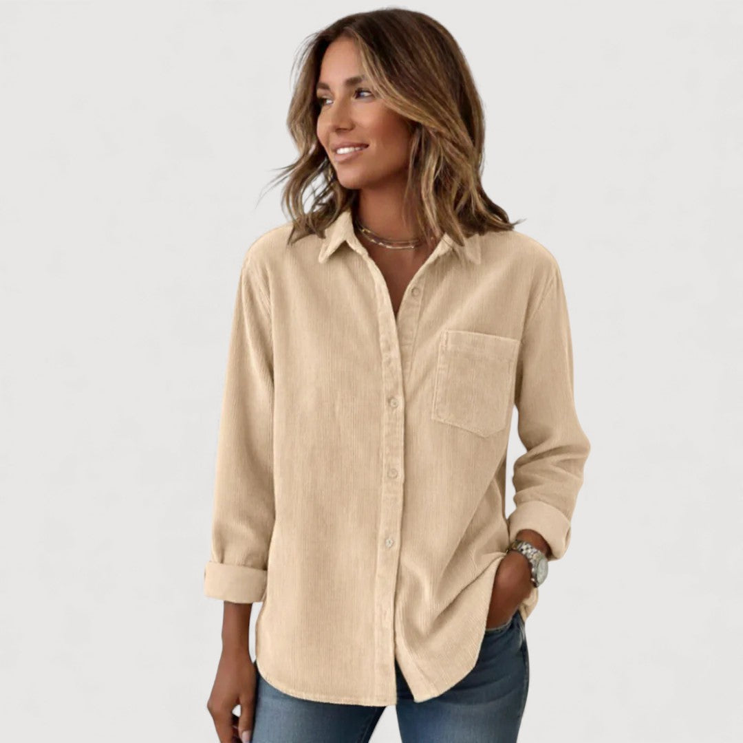 Women's relaxed fit button-front shirt with classic collar and long sleeves