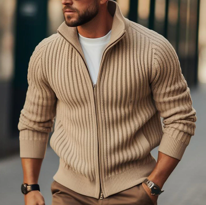 Men's full-zip ribbed jacket with high collar, front view