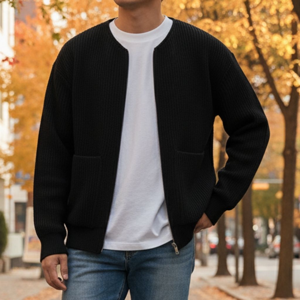 Men's ribbed zip cardigan back view showing structured knit and relaxed regular fit