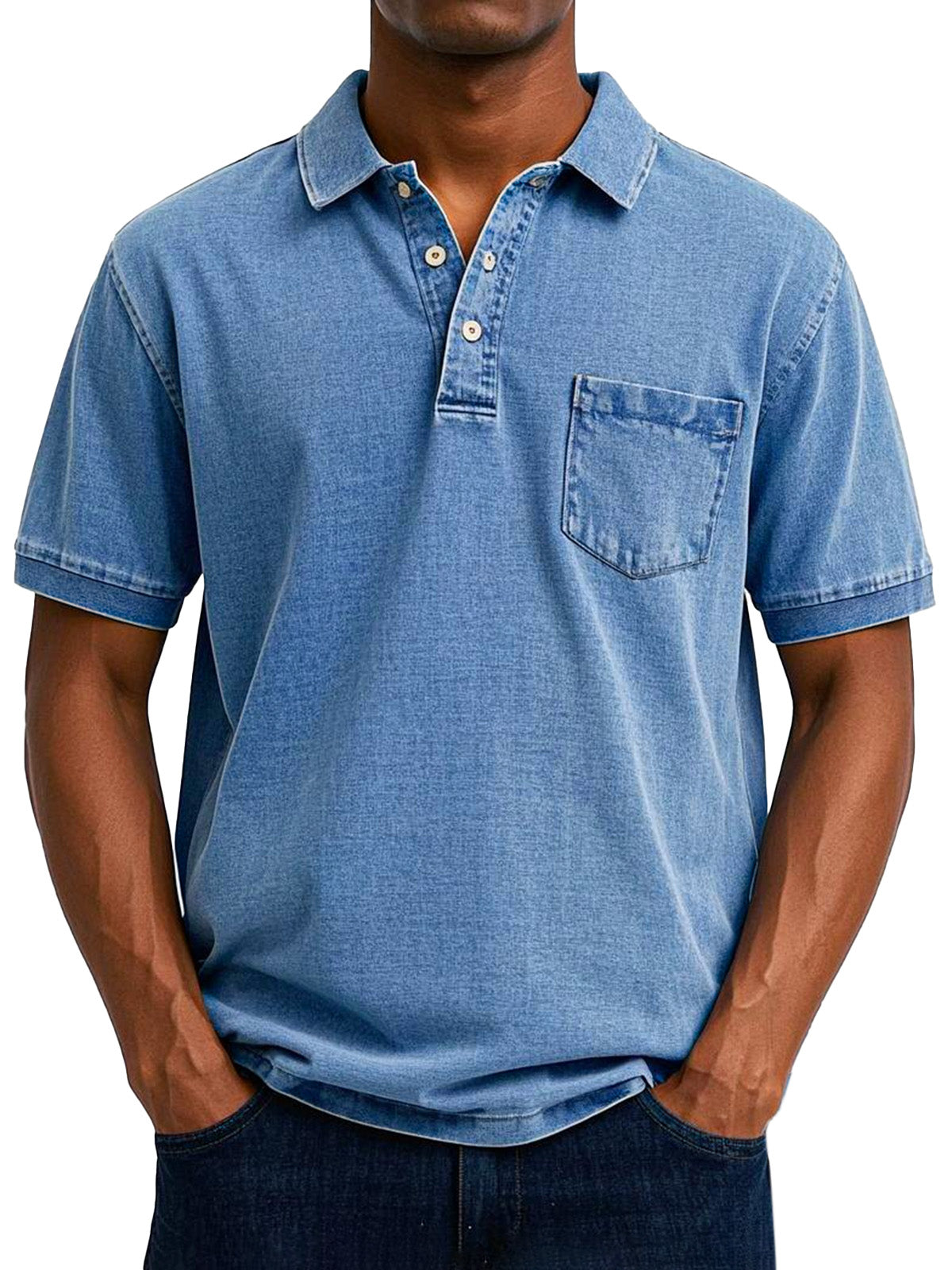 Men's denim polo shirt with button placket and chest pocket, regular fit